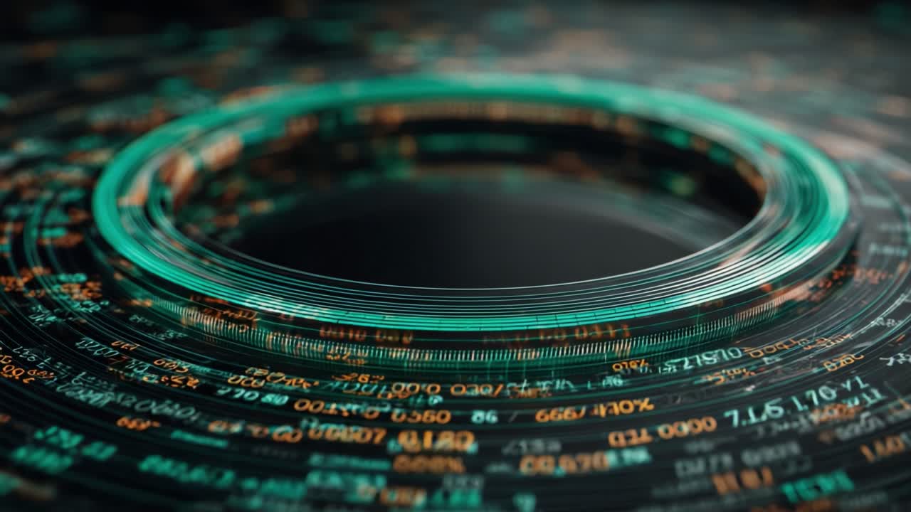 Abstract circular interface with financial market data rotating in a seamless loop, representing global business transactions, stock market analytics, and high frequency trading information