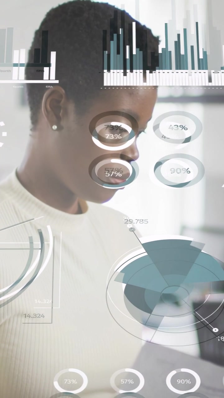 Vertical video: Woman reading phone for tech analysis, making pie charts tracking face then smiling