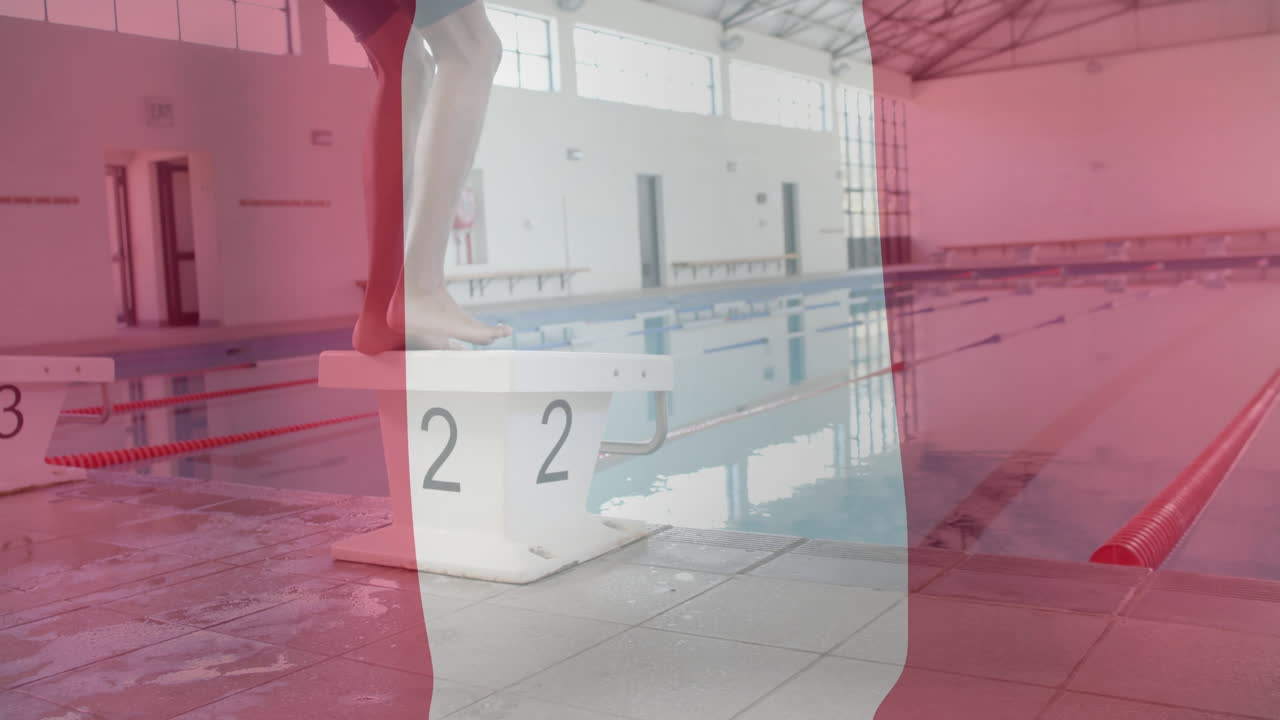 animación de la bandera del peru sobre el nadador masculino biracial