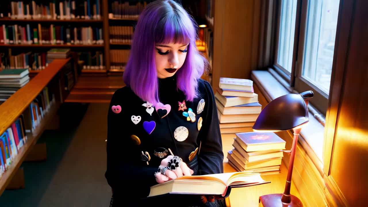 mujer joven leyendo en una biblioteca