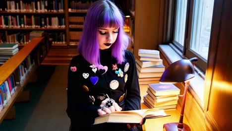 mujer joven leyendo en una biblioteca