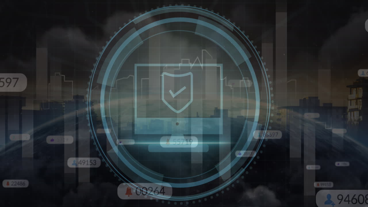 Animation of icons and data processing over cityscape