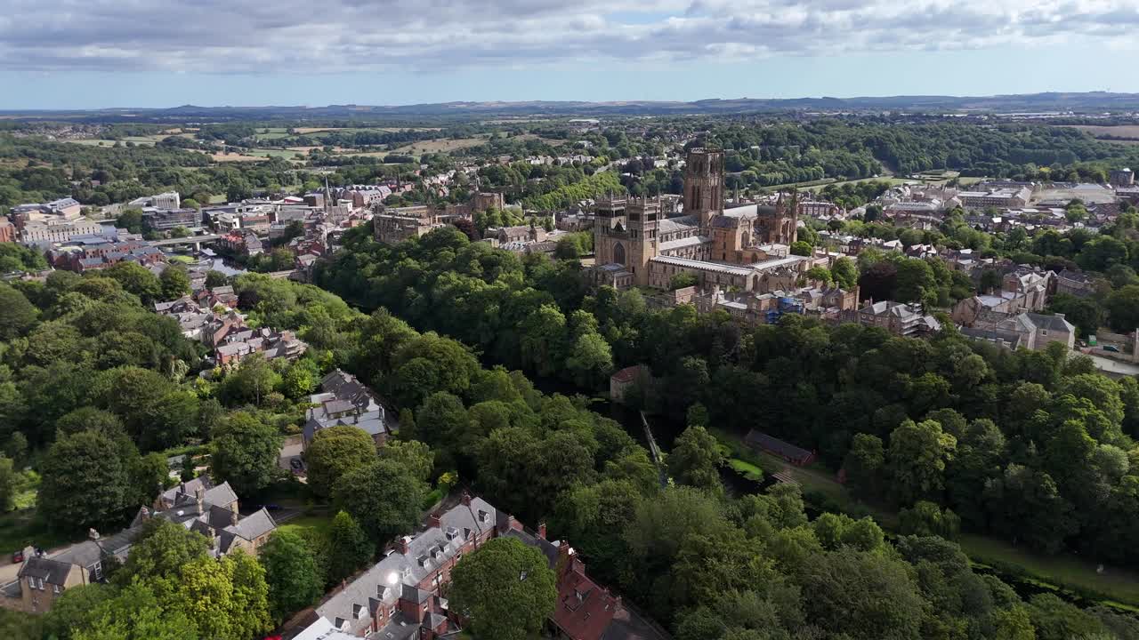Aerial drone view of durham town city north east england uk cathedral university