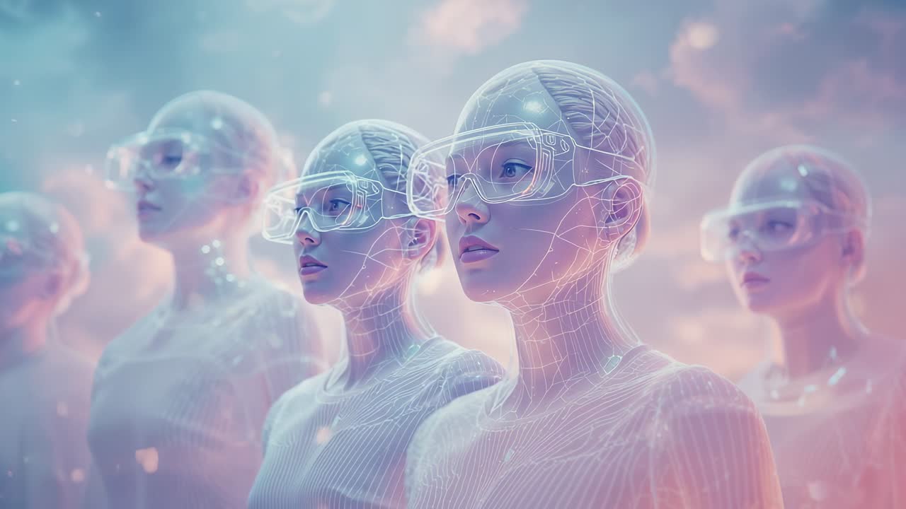 Rete che inizia a tracciare il wireframe sopra figure che indossano visori VR in nuvole pastello con dati