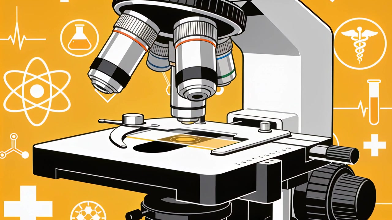 Animating drawn scope turning turret and moving lens toward slide on orange lab, with stage clips