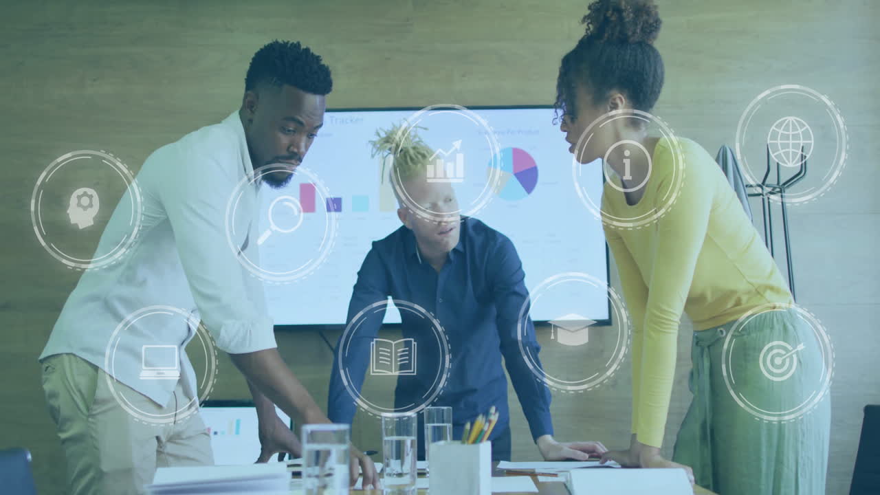 Collaborating in office, diverse team analyzing business data with animation icons