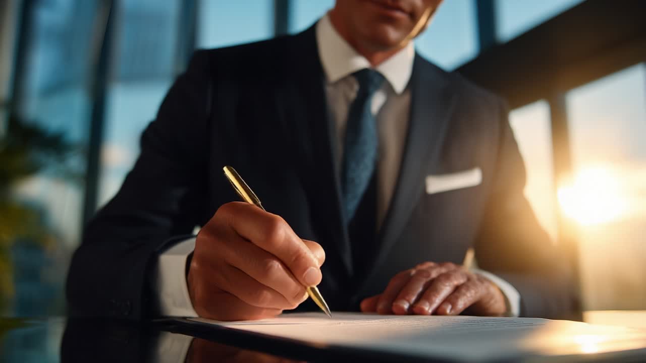 A dedicated professional in a sharp suit carefully signs important documents as the warm glow of sunset illuminates the elegant surroundings, embodying commitment and hard work in a business environment