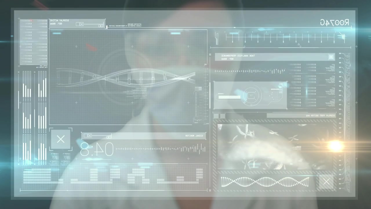 Animation of light trails and data processing over caucasian female doctor
