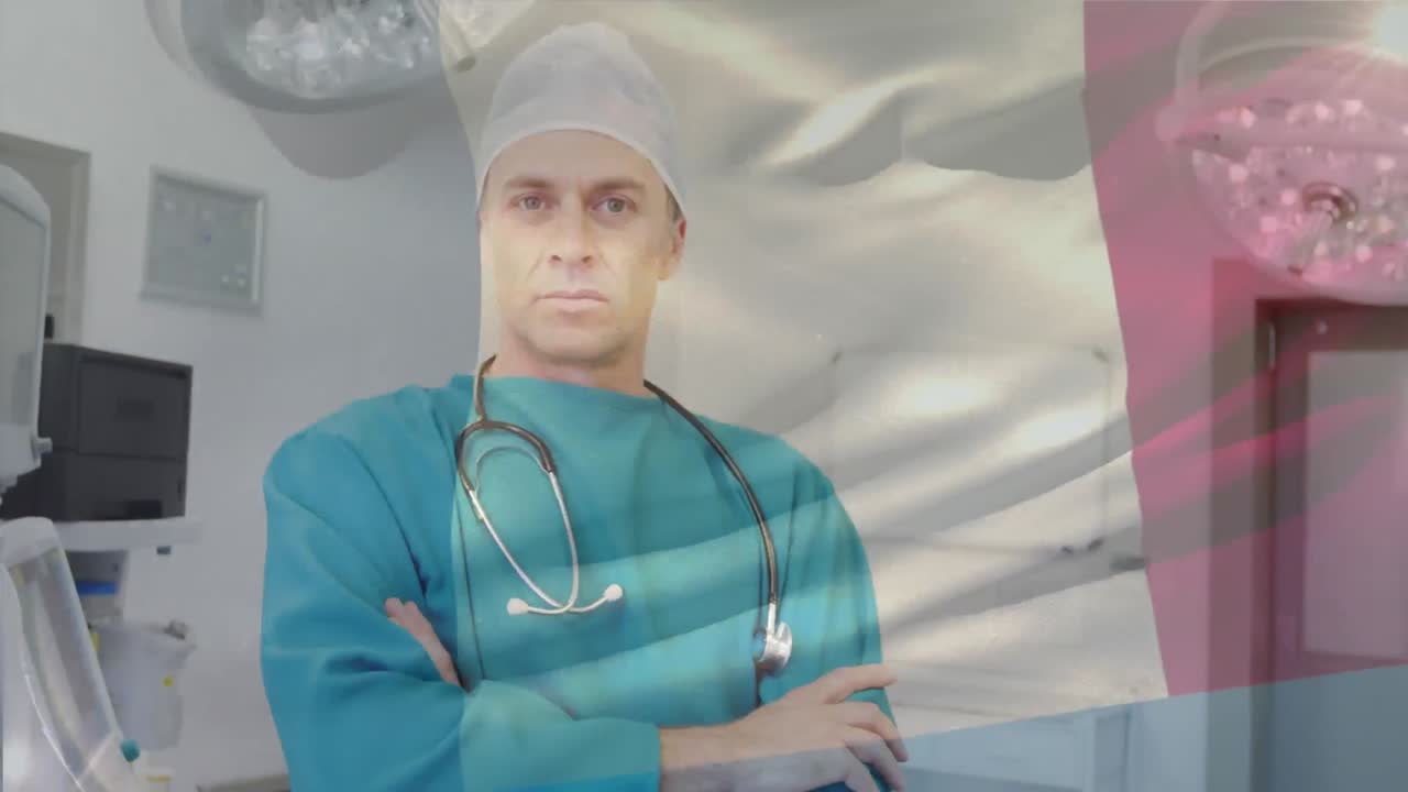 animación de la bandera de francia ondeando sobre el cirujano en el quirófano