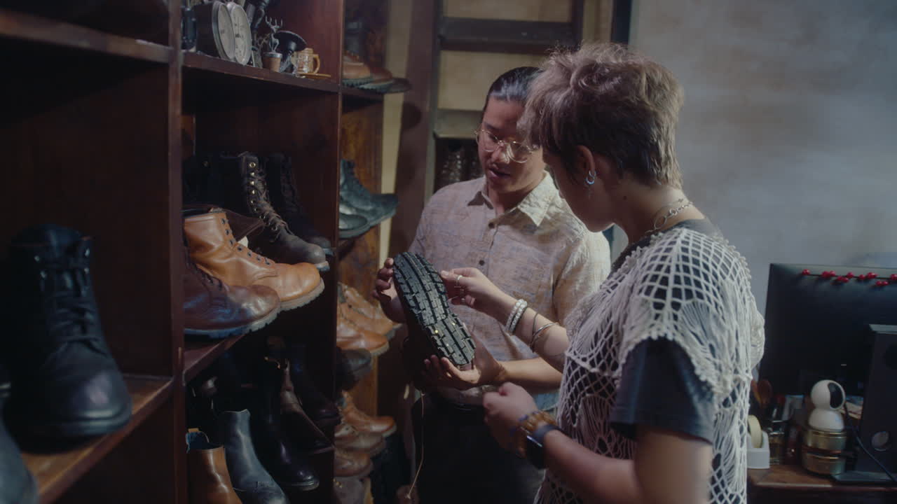 Vintage Store Salesman Telling About Leather Boots to Woman