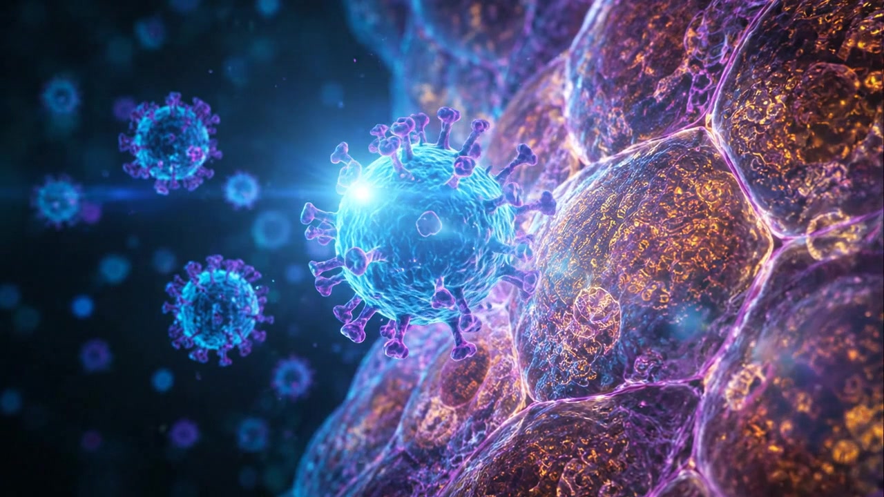 Farverige mikroskopiske celler glødende i lilla og blå biologisk visualisering