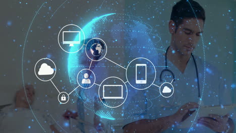 medical team gathering around hospital bed, displaying holographic health icons like cloud phone