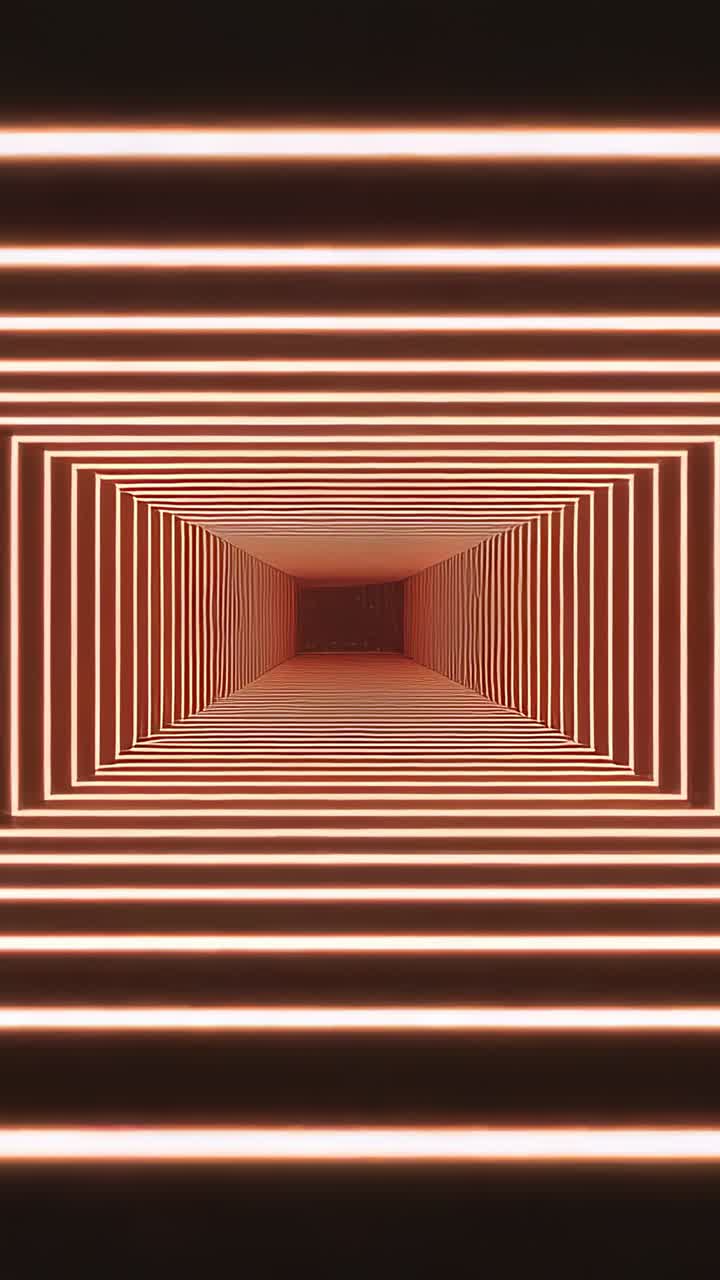 Vertical video: Animating glowing tunnel advancing in amber corridor with neon bars adding depth