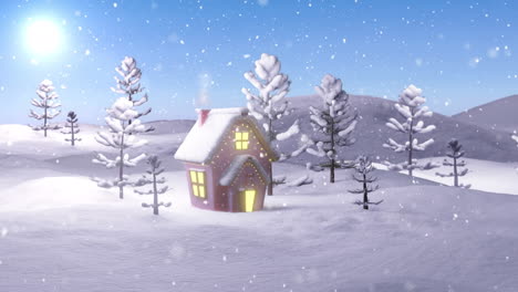 Animation-Einer-Winterlandschaft-Mit-Haus-über-Schneebedecktem-Hintergrund