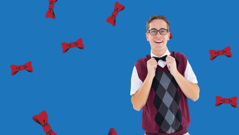 Animation-of-happy-caucasian-man-over-blue-background-with-falling-bow-ties