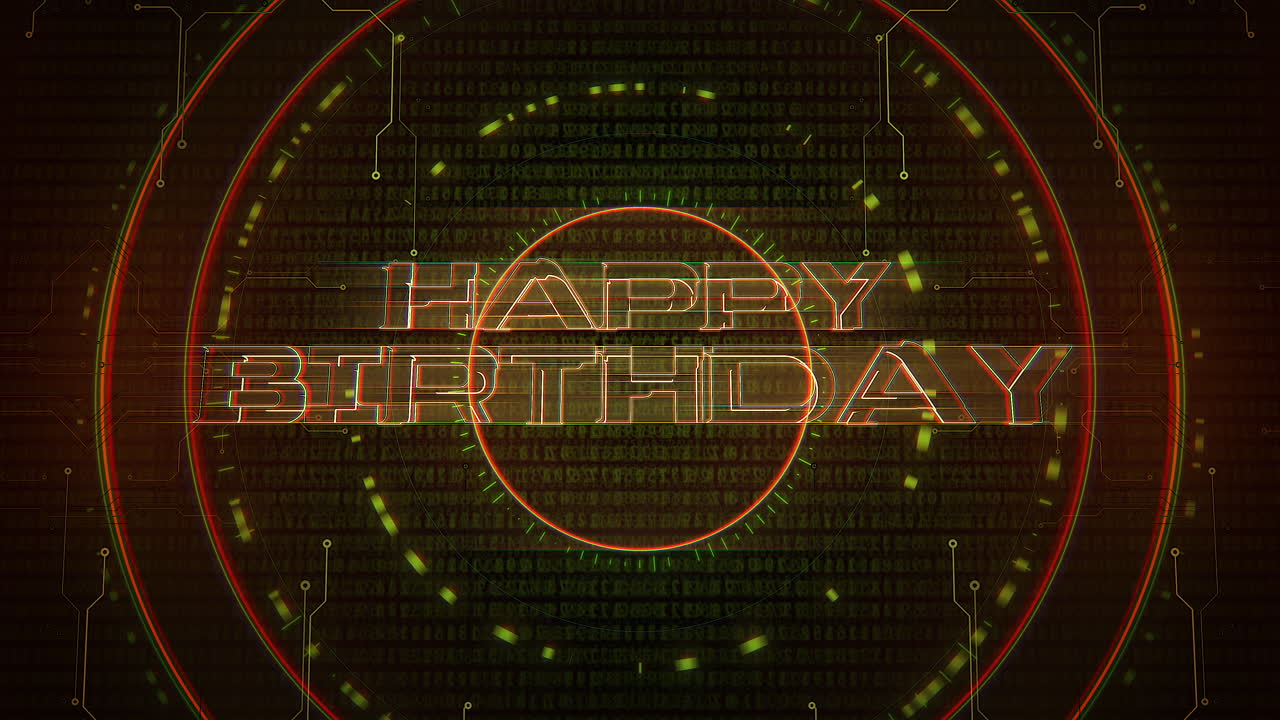 texto digital de feliz cumpleaños con elementos de cyberpunk y hud