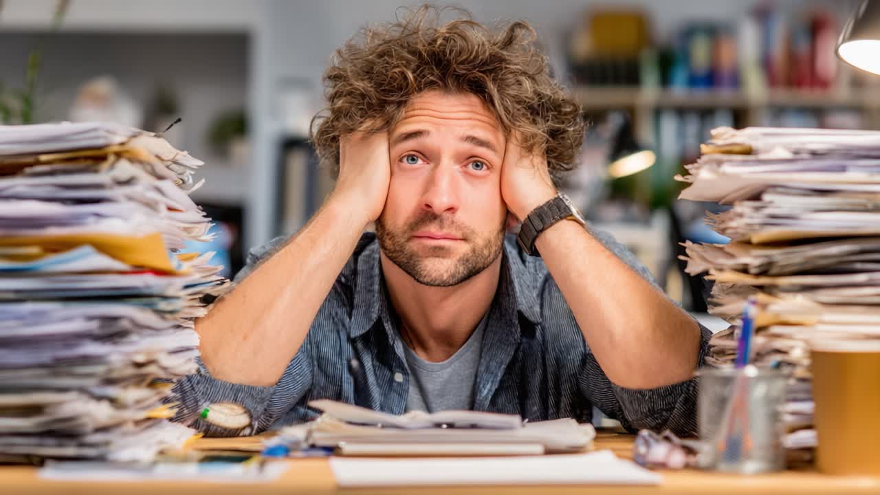 A Frustrated Professional Surrounded by Mountains of Paperwork, Representing the Challenge of Managing Overwhelming Workloads and Stress in a Modern Office Environment