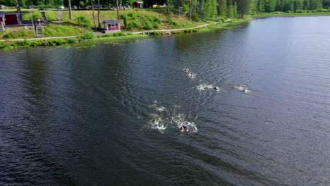 professional swim race in a wild lake, aerial circling