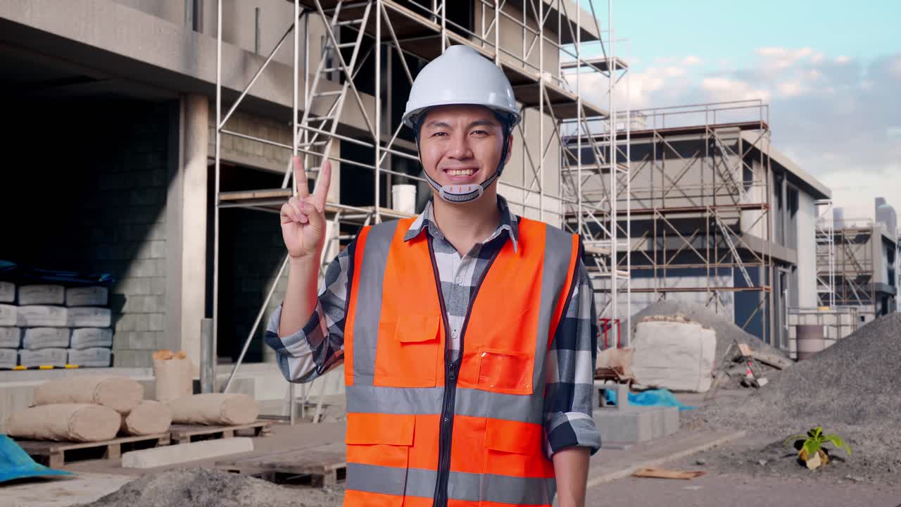 Asian Male Engineer With Safety Helmet Smiling And Showing Peace Gesture While Standing At Building & Construction Site in Progress to New House