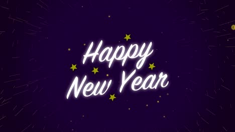 Gráficos-Animados-En-Movimiento-Blanco-Feliz-Celebración-De-Año-Nuevo-Con-Estrellas-Ligeras-Y-Fuegos-Artificiales-Bucle-Alfa-Brillo-De-Partículas-Efecto-Visual-Texto-Título-Fondo-4k-Púrpura