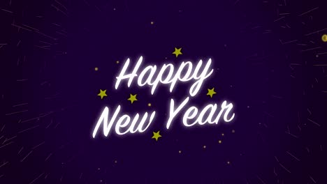 animated motion graphics white happy new year celebration with light stars and fireworks alpha looping particle glow visual effect text title background 4k purple