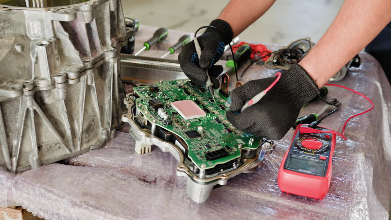 técnico automotriz diagnosticando una placa de circuitos de transmisión