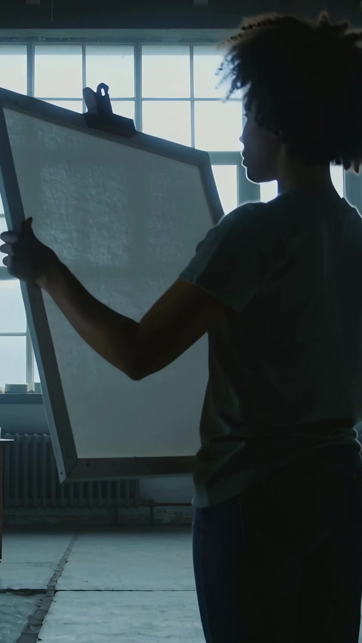 Vertical video: Lifting artist checking canvas in backlight rotating panel to window, copy space