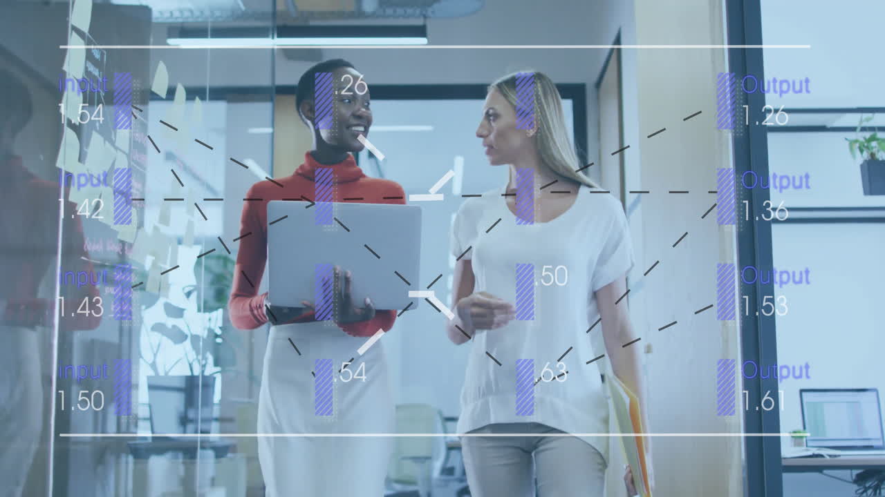 animación de análisis de datos de negocios sobre diversos colegas caminando en la oficina moderna