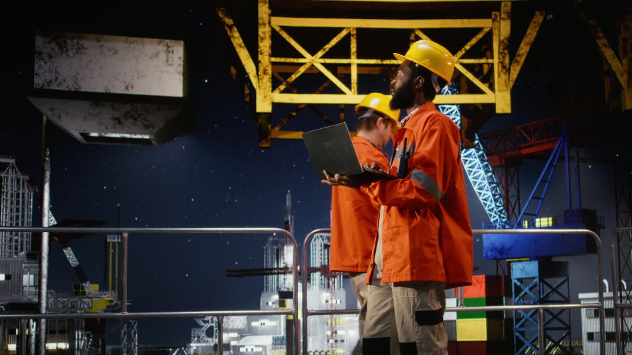 Black male engineer on offshore platform does drilling management via laptop