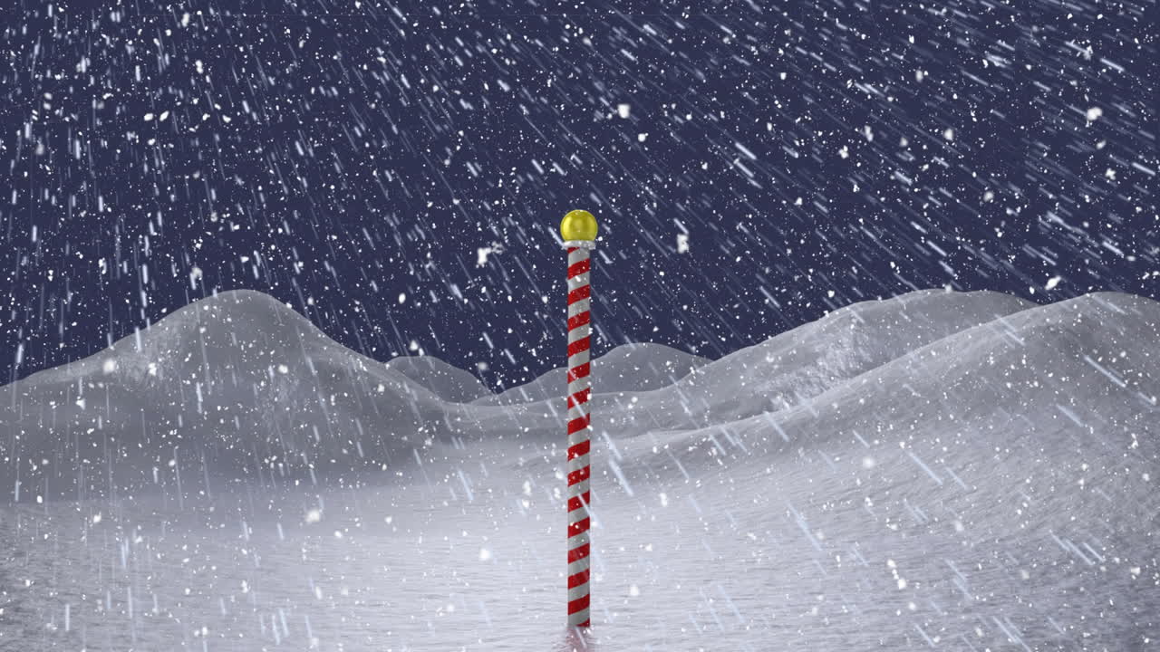 Snow falling over North Pole sign animation in snowy landscape