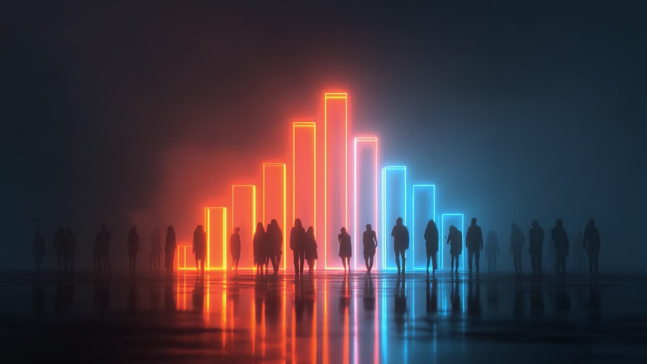 A captivating scene depicting a stylized bar graph at night, with vibrant neon orange and blue lights illuminating the silhouettes of people standing in the foreground, symbolizing data analysis and growth