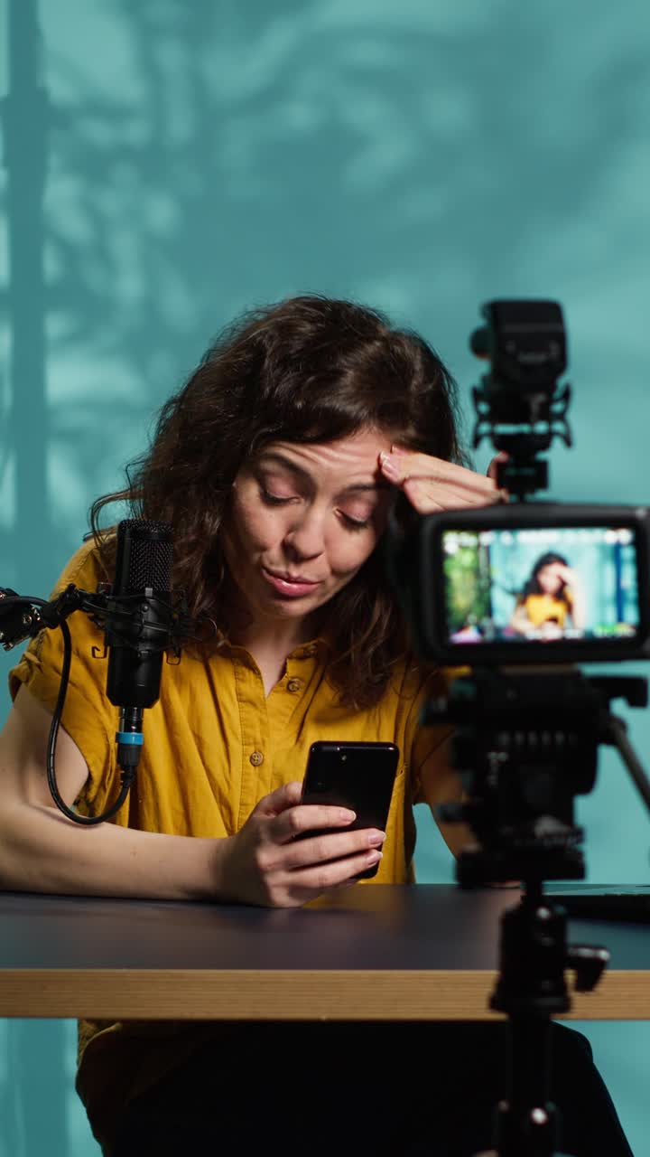 Verärgerte/r Vlogger reagiert auf schlechte Nachrichten auf dem Smartphone