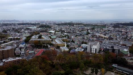 un denso paisaje urbano con edificios, árboles y cielos nublados, luz del día, vista aérea