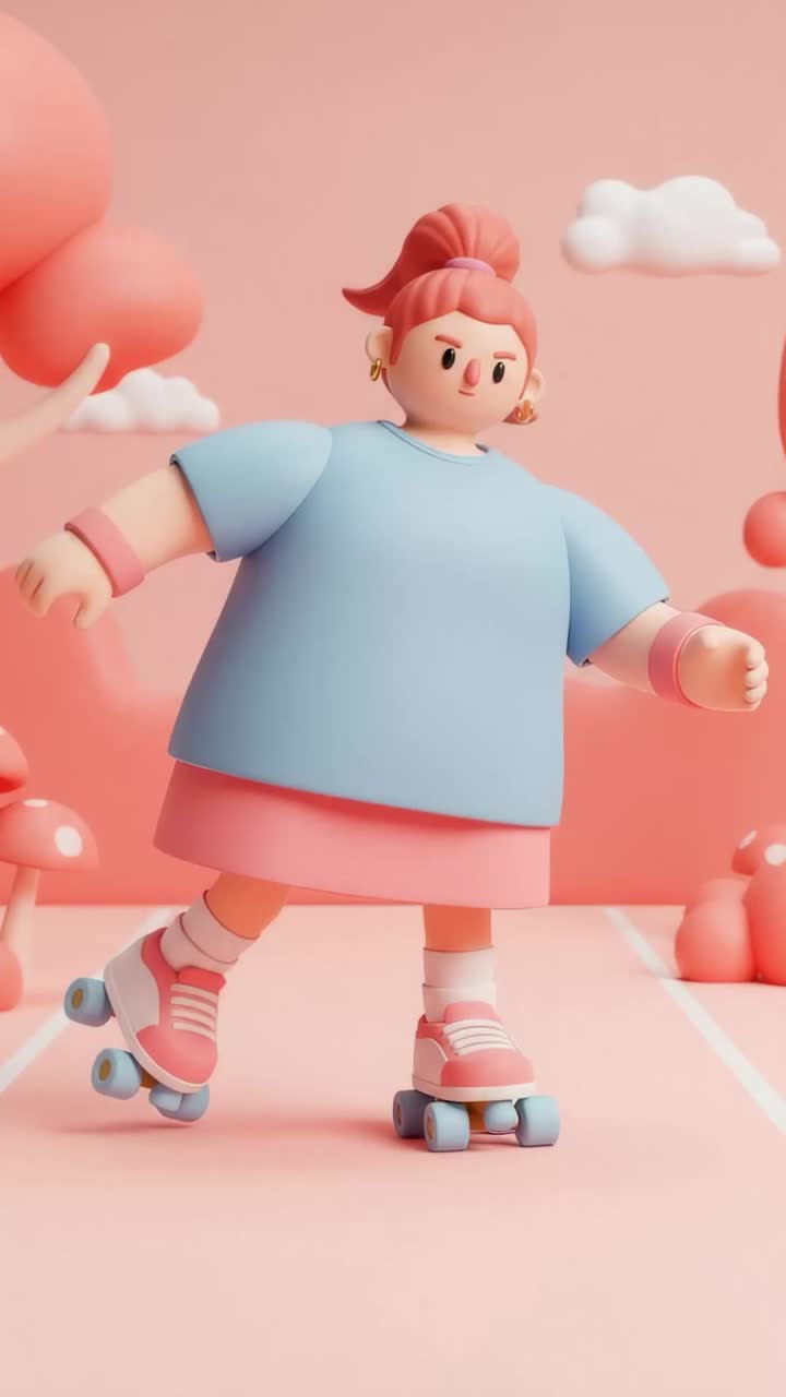 3D Cartoon Girl on Roller Skates