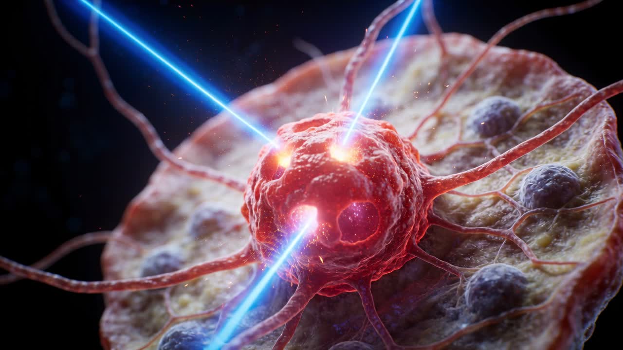Tre raggi laser blu che colpiscono una cellula rossa su tessuto discale, illuminando noduli e filamenti