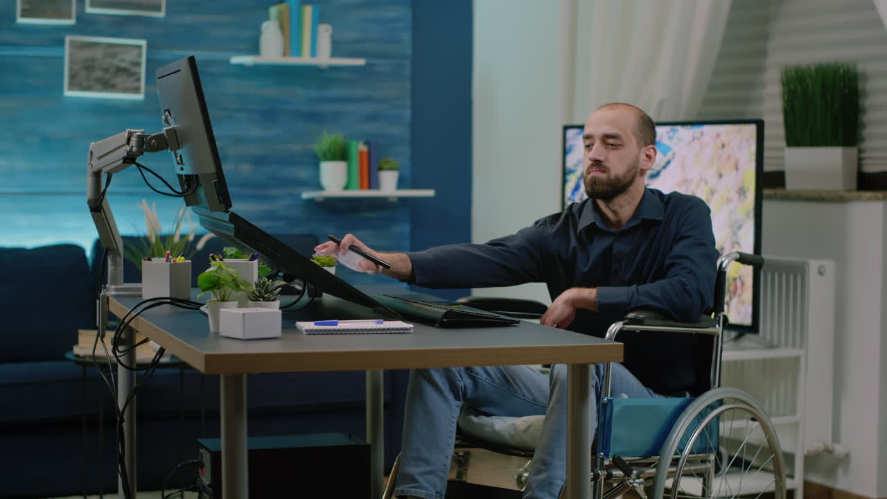 Disabled photographer editing pictures in photography studio