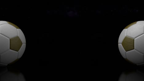 3d design of football balls on the dark background. looped animation of rolling soccer balls from leather on the universe and stars background.