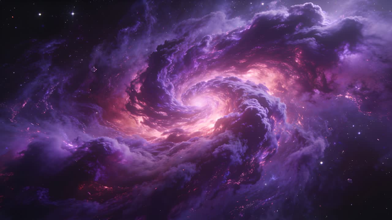 Rotating spiral nebula over frames tightening arms and brightening core in starfield and filaments