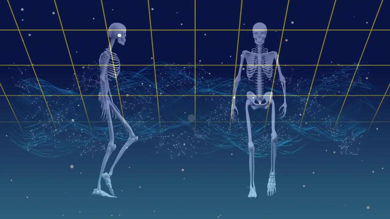 Animaatio luurangoista sinisen digitaalisen tilan yllä.