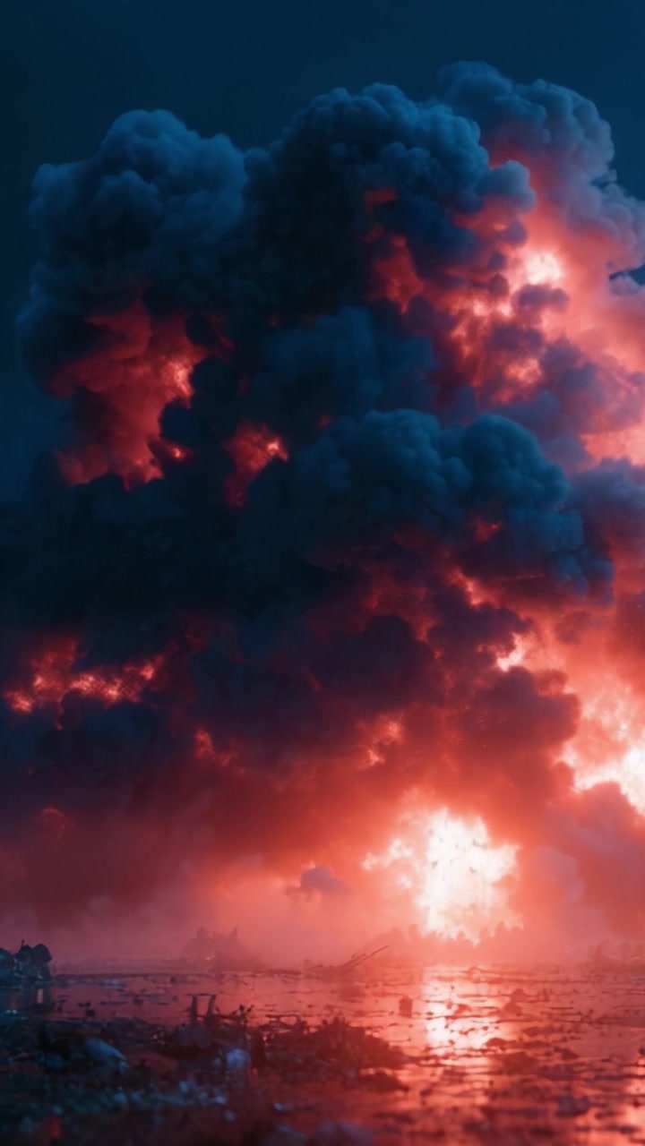 Dramatische und intensive Explosion: Ein tief oranger und roter Feuerball bricht vor einem stürmischen Hintergrund aus und schafft einen schillernden Kontrast von Hell und Dunkel inmitten dichter Rauchwolken.
