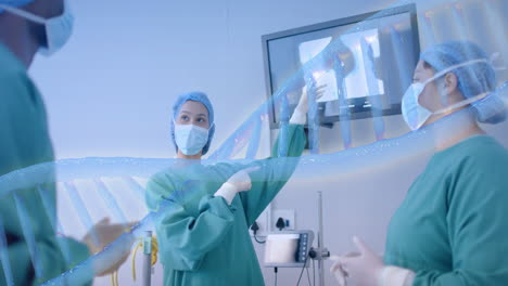 Animation-of-dna-strand-over-diverse-surgeons-in-hospital