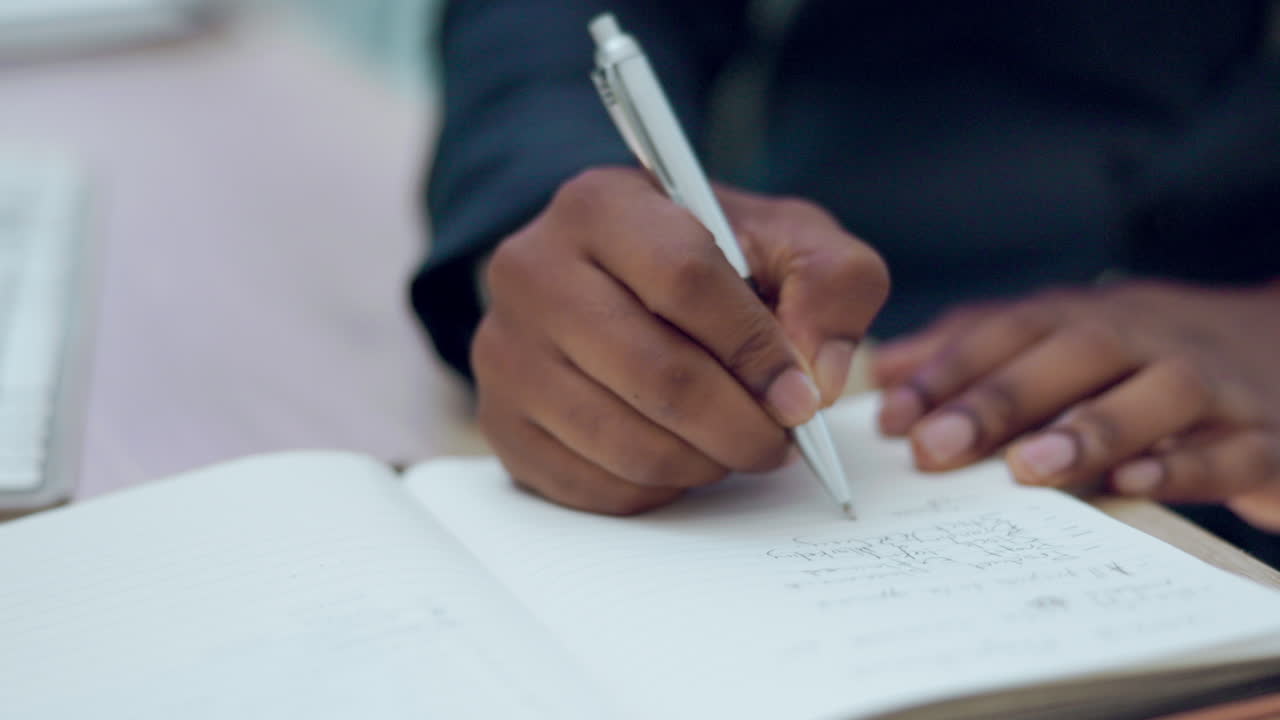 Businessman, typing and hands writing in planning