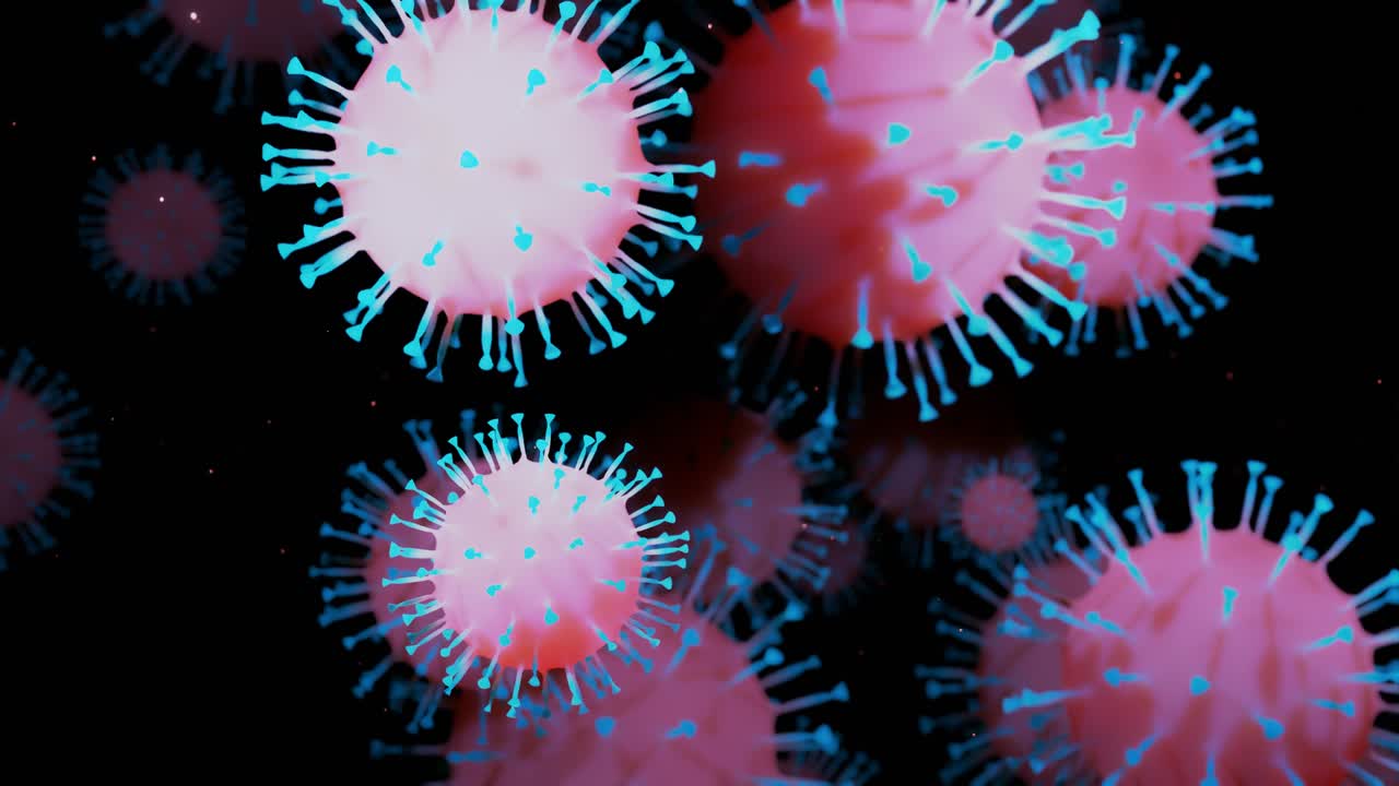 close-up coronavirus tipo covid-19, h1n1, gripe aviar o gripe porcina se mueven suavemente en fluido representación 3d del virus como fondo de bucle microscópico microbiológico. gradiente azul rojo 18