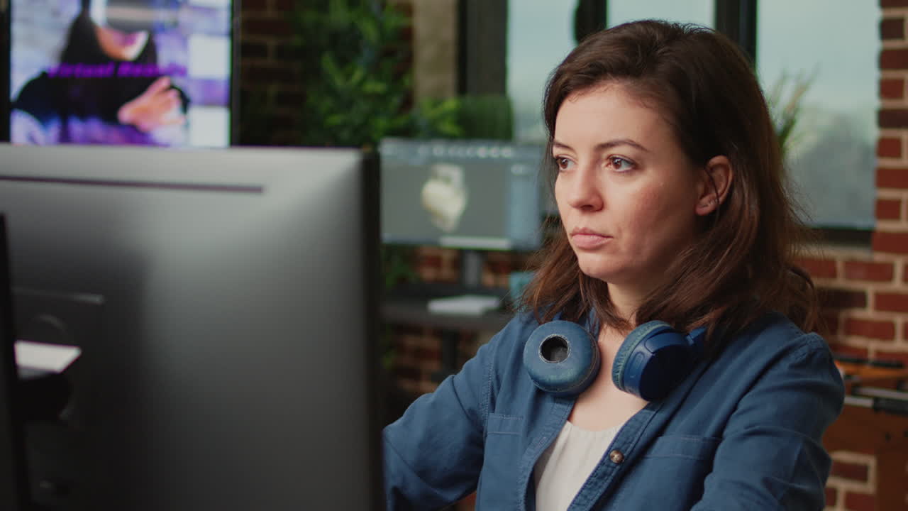 Woman content creator working with 3d render software