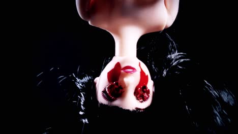 An-eerie,-eyeless-doll,-with-burnt-and-bleeding-eyes,-appears-upside-down