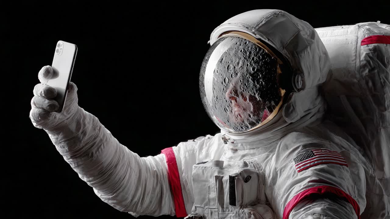 En astronaut tar en unik selfie på måneoverflaten og viser frem sammensmeltingen av romforskning med moderne teknologi, mens de holder en smarttelefon mot bakteppet av kosmos