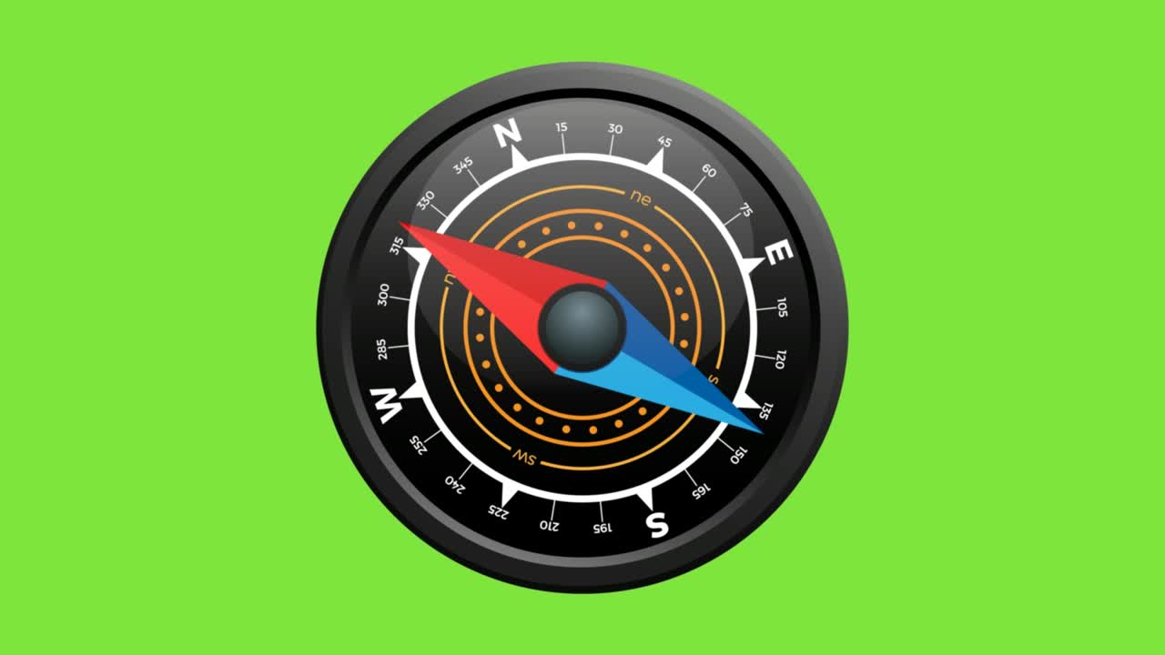 현실적인 검은색 항해 나침반, 독립적으로 움직이는 다이얼과 자기 바늘, 녹색 배경에 애니메이션 일러스트레이션, 크로마 키, 원활한 루프
