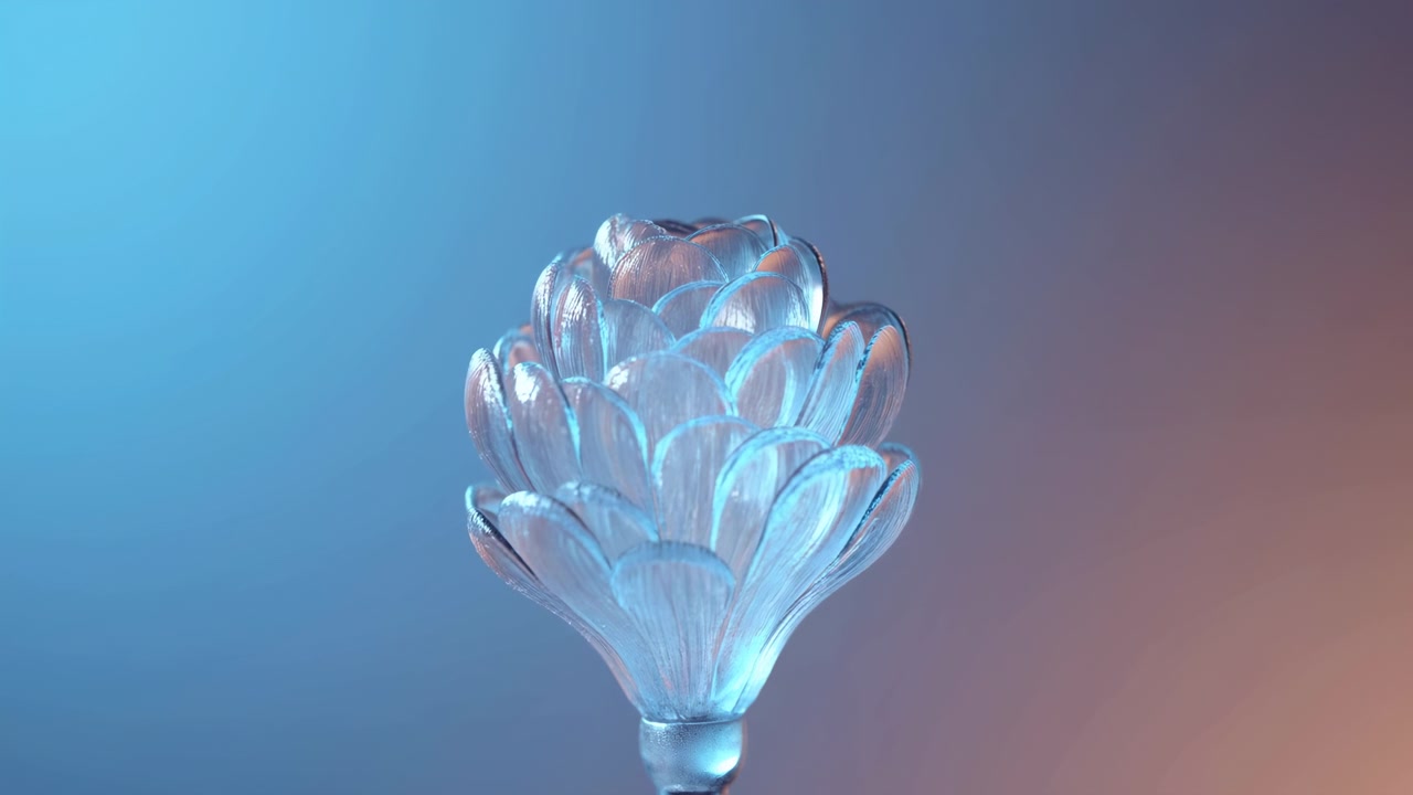 Close-up view of decorative translucent petal cluster on slender stem, unfolding then settling with soft glow, layered reflections, cyan to mauve gradient light, and clean elegant composition