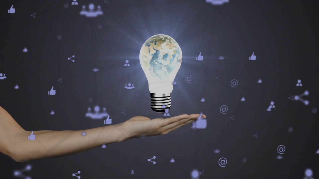 Underarm kommer ind, flydende jordklode-pære pulserer lys, drivende sociale medieikoner viser innovation.