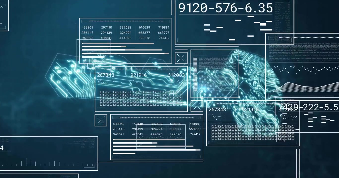Opening blue backdrop, wireframes appearing, cyan circuit streaming, data populating panels